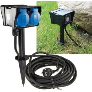 Gartensteckdose mit Erdspieß, 2-fach IP44, 2m Kabel, Zeitschaltuhr