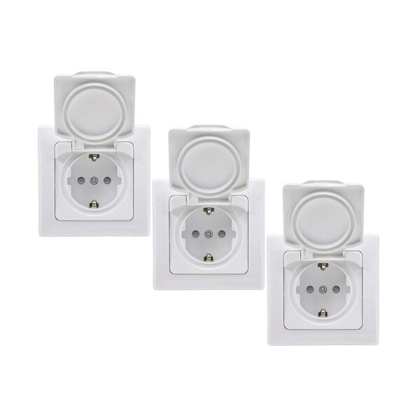 DELPHI Schutzkontakt-Steckdosen 3er-Set – mit Klappdeckel, hochglänzend, 230 V, Innenbereich