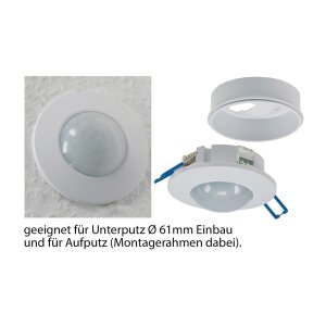 Decken Einbau Bewegungsmelder 360° flach LED geeignet einstellbar 8m Reichweite 230V Mit Aufbaurahmen Weiß