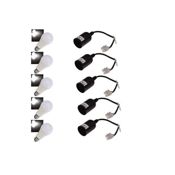 ChiliTec 5x E27-Fassung mit 15cm Kabel + 5x Passenden LED Glühlampe E27"G90 AGL" neutralweiß