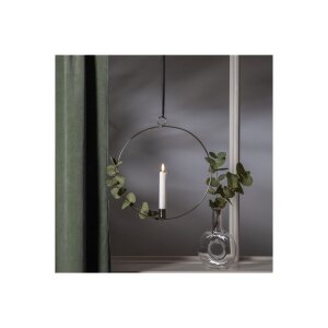 LED-Kerze mit 3D-Flamme im Ring – 28 cm, Timer, Schwarz/Silber/Messing