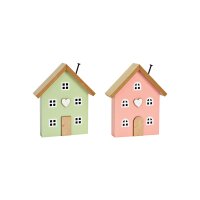 Aufsteller Haus aus Holz Pink/Rosa & Grün 2-fach | 13×16×4 cm