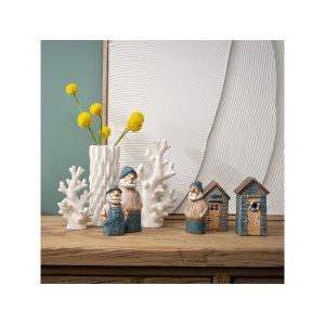 Haus Maritim aus Steingut, Blau, 2er-Set | 8×14×6 & 8×13×6 cm