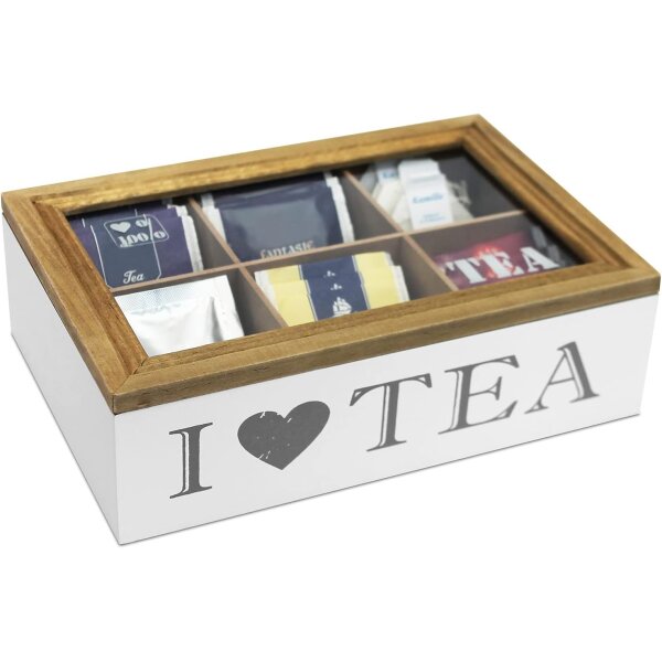 Teebox "I Love Tea" – 6 Fächer, Weiß/Braun | Edle Holz-Teekiste zur Teebeutel-Aufbewahrung