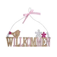 Willkommen-Schriftzug mit Vogel aus Holz – Rosa/Weiß/Natur 20 cm | Deko zum Hängen