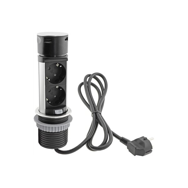 Schreibtisch-Einbausteckdose, rund Mini versenkbar, Edelstahl, 3x Steckd,USB A+C