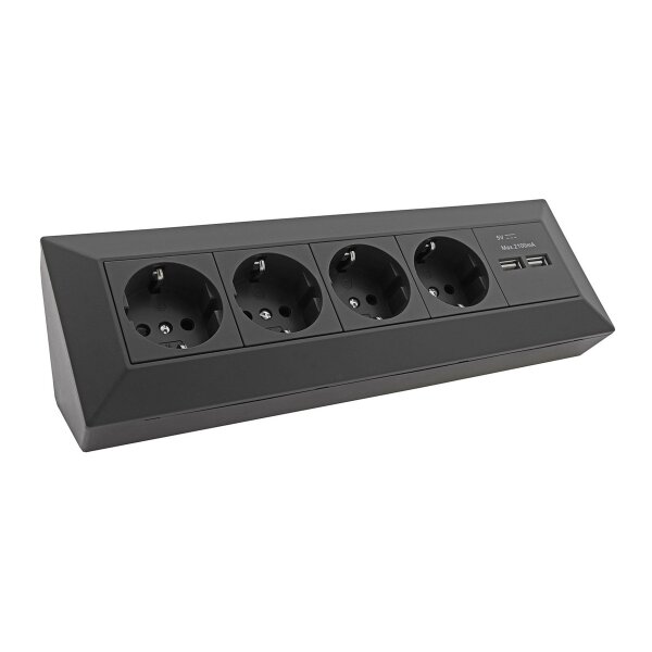 ChiliTec Ecksteckdose Küchensteckdose mit USB Doppelsteckdose 4x Steckdosen 2x USB I 90° Winkel I 230V Aufbau & Eck-Montage für Arbeitsplatte Küche I Schwarz